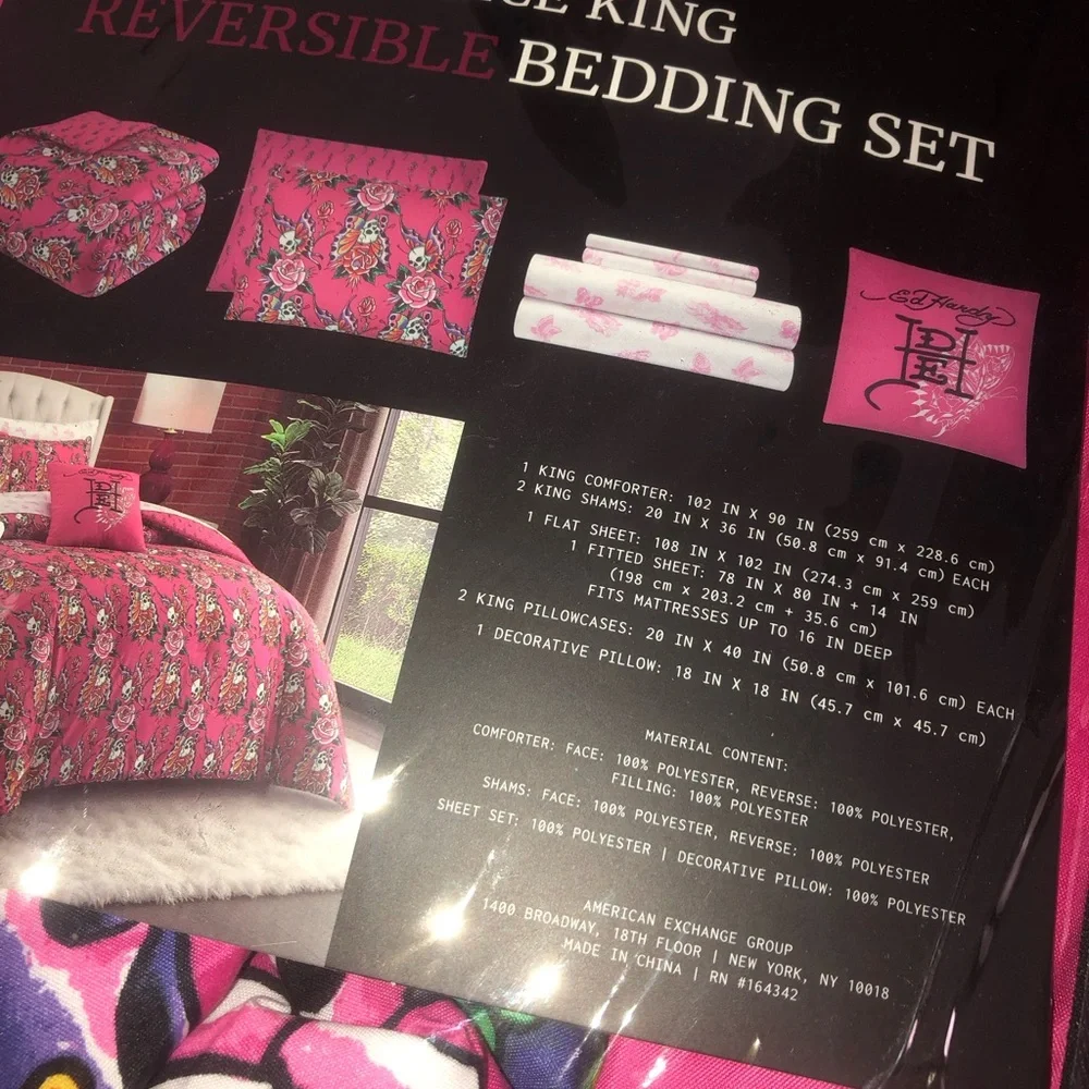 🖤 Ed Hardy Pink Floral & Skull King Comforter Set ‼️ 8 pieces